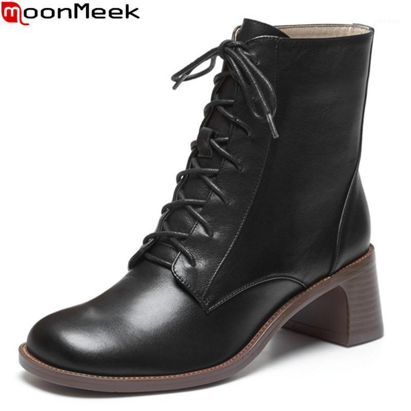 

MoonMeek 2020 Genuine leather boots thick high heels square toe ladies shoes fashion lace up autumn winter ankle boots women1, Black