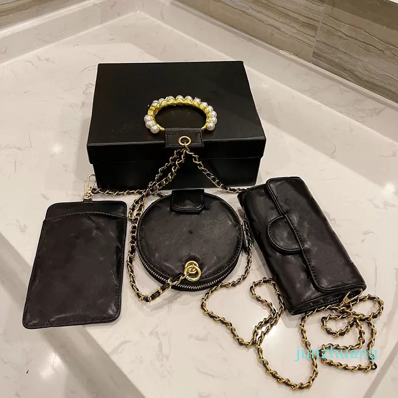 

Designer- Women Bags Clutch With Chain Pearls Circle Handle Totes Gold-tone Metal Phone Card Holder Coins Purse Wallet 3in1 Classic, Black