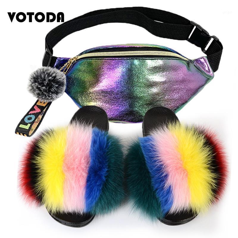 

Women Fur Slippers Fannypack Set Fluffy Real fur Slides Furry Sandals Fashion Woman Colorful Waist Packs Laser Bag Shoes Set1, As shown a