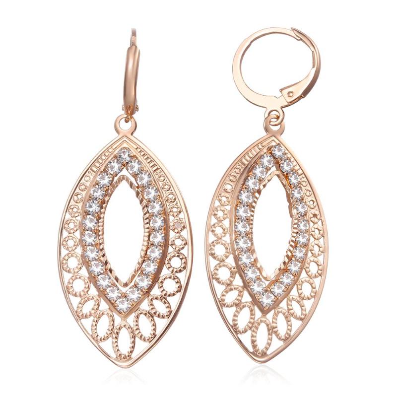 

585 Rose Gold Filled Drop Earrings for Womens Dangle Hollow Leaf Shaped Earrings Paved CZ Gift Wedding Jewelry Gifts LGE196A