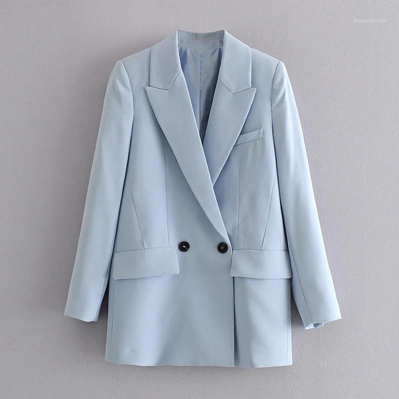 

2020 new women casual blue linen office wear female summer long sleeve double button blazer coat vintage loose outwear blazers1
