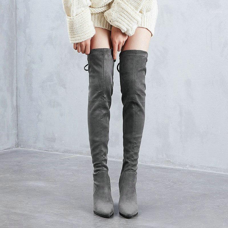 

Quality Sheep Velvet Leather Women Over The Knee Boots Lace Up Sexy High Heels Women Shoes Lace Up Winter Boots Warm Size 35-401, Black