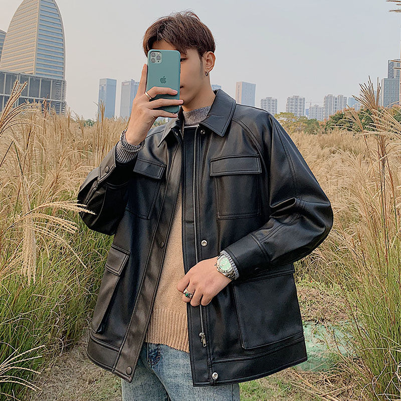 

2021 Men's Autumn/winter Fine New Pure Leather Jacket Male Wear NK47, Black