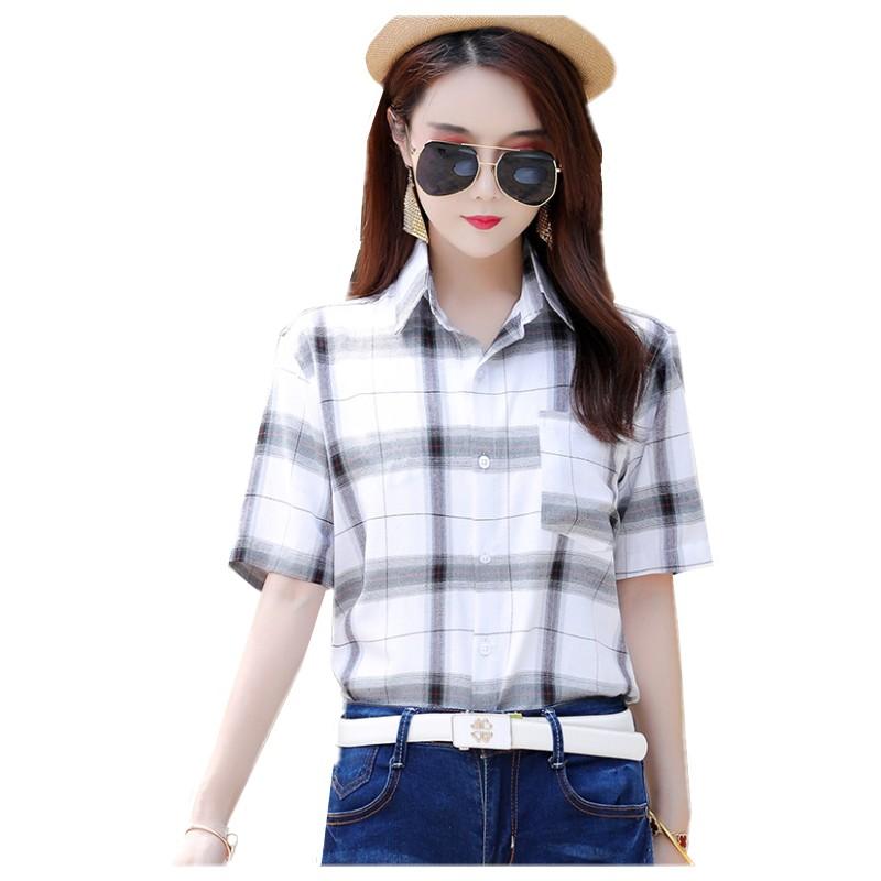 

Plus Size Vintage Shirts Women Summer Slim Casual Tops New 2020 Korean Style Short Sleeve Plaid Woman Blouse Shirt - XXXL, Jj5