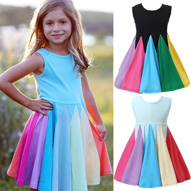 

Brand New Rainbow Sleeveless Girls Dress Summer Fashion Patchwork Kids Dresses for Girls Princess Party Children's Clothes, Dress 5