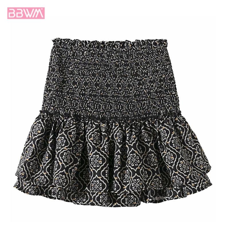

Ethnic Style High Waist Slim Print Sexy Mini Women's Skirts Elastic Waist Sweet Chic Female Skirt, Black