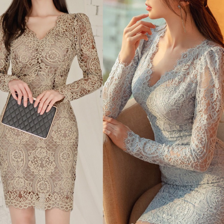 

2021 New Winter Korean High-end Temperament Thin V-neck Lace Skirt Tight Background Sexy Dress LQLL, Khaki.