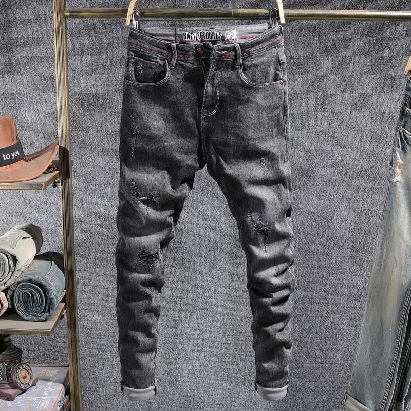 

Korean Style Fashion Men Jeans High Quality Black Gray Slim Fit Elastic Ripped Denim Pencil Pants Vintage Designer Trousers Male