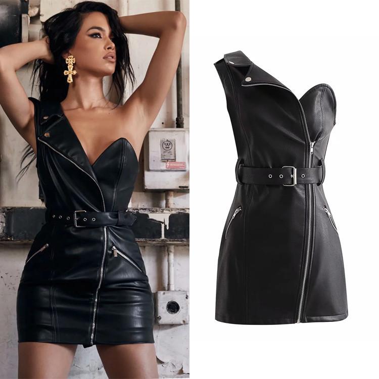 

Summer Women' Clothing European and American Temperament Sexy Shoulder High Waist Lace Up Irregular Pu Dress, Nvd102309-01