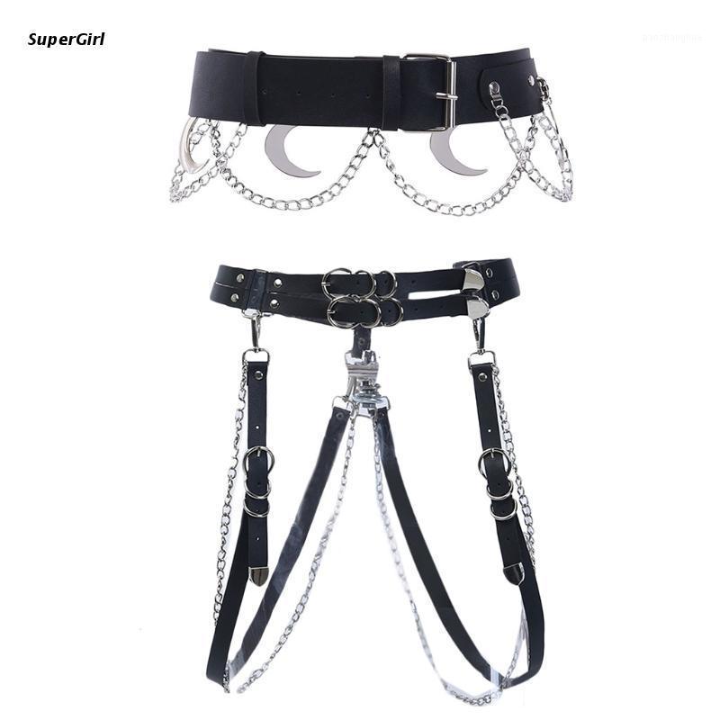 

Belts J78E Women Gothic Metal Chain Body Belt Faux Leather Crescent Moon Punk Waist For Girls Fanshion Accessories, Black;brown