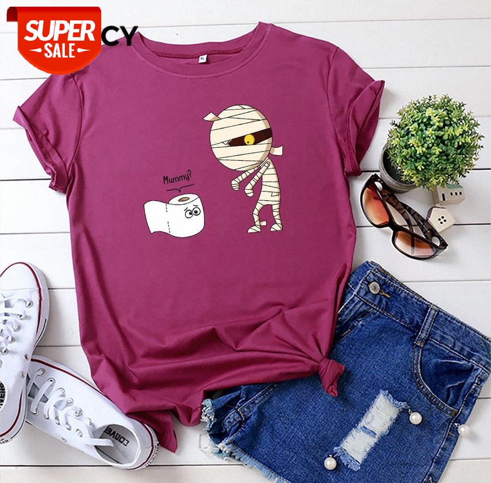 

JFUNCY 2020 New Summer Woman Top 100% Cotton Women T Shirt Plus Size Cute Mummy Cartoon Printed T-shirt Short Sleeve Female Tee #en5B, White