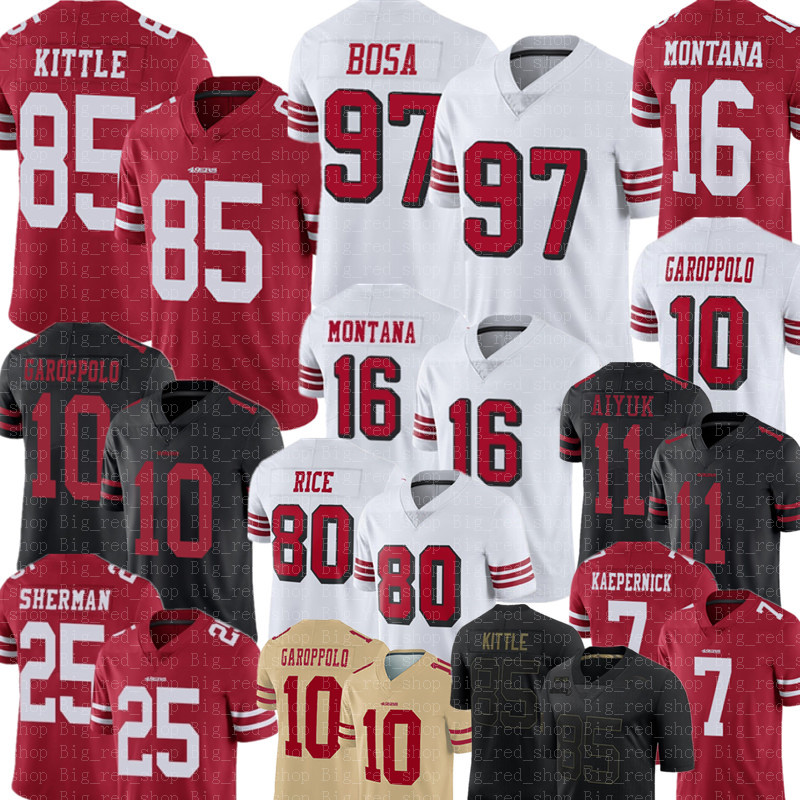 

85 George Kittle 97 Nick Bosa Jimmy Garoppolo Jersey Joe Montana Jerry Rice Richard Sherman Brandon Aiyuk Javon Kinlaw Kaepernick Young