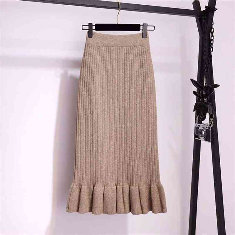 

women elastic waist drawstring skirts knitted medium long skirts spring and autumn midi skirt casual office female, Black