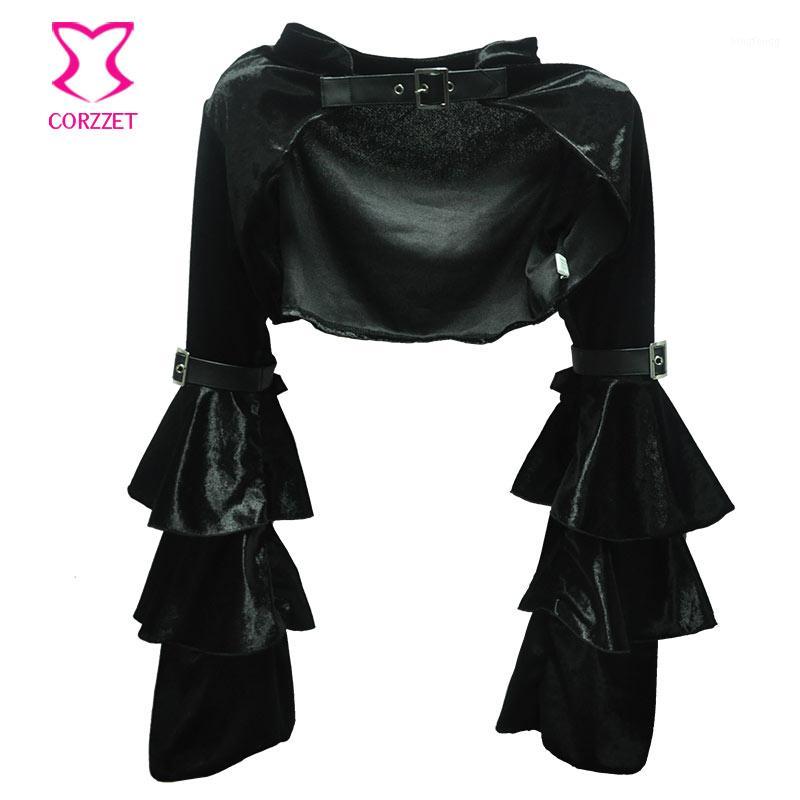 

Wholesale- Black Flannel Ruffle Long Sleeve With Belt Steampunk Jacket Women Gothic Bolero Coat Outwear Sexy Corset Burlesque Accessories1, 21660