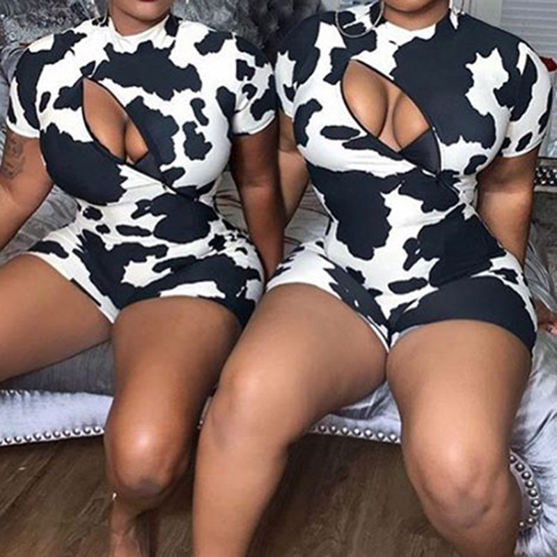 

OMSJ Summer Streetwear Trendy Women Jumpsuit Cow Print Short Sleeve Zipper Cutout O-neck Sexy Unique Skinny Playsuit New Style T200704, White