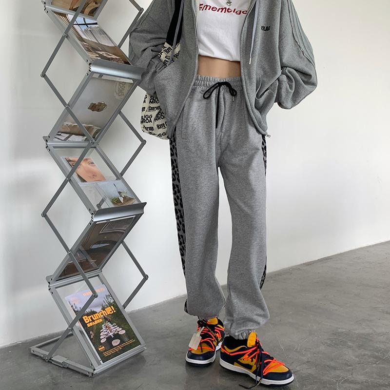 

Leopard Chic Design Vintage Pants for Ladies Chic Causal Pants Straight Blocking Gray Side Split for Ladies 2020 New Pant