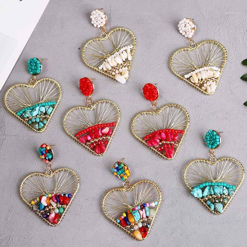 

Statement Handmade Acrylic Crystal Stone Beaded Earrings For Women Fashion Bohemian Winding Metal Wire Heart Drop Earring1