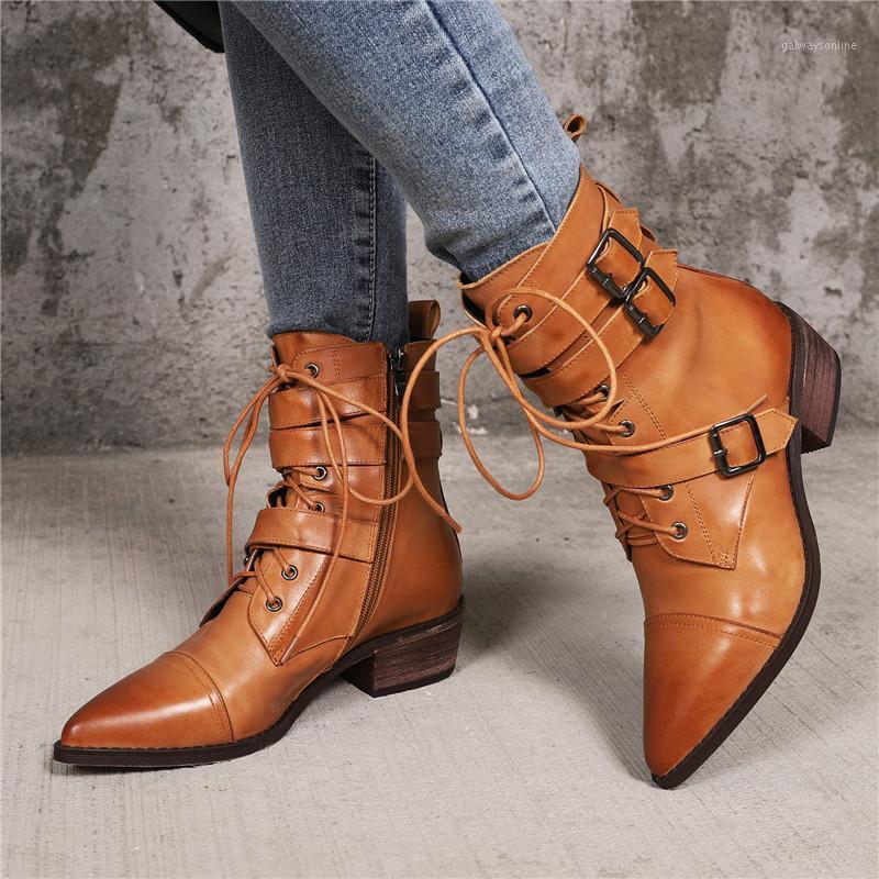 

New Women Pointed Toe Chunky Heels Cross Tied Short Boots Handmade Genuine Leather Buckle Straps Retro Cow Boy Style Ankle Boots1, Brown