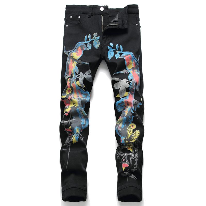 

New Arrivals Fashion Magpie Printed Cotton Black Men Jeans Slim Fit Casual Denim Trousers Male Fashion Hot Sale Denim Trousers