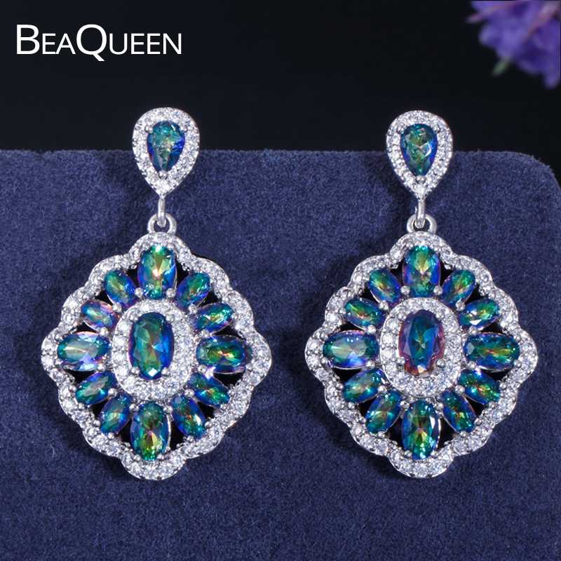 

BeaQueen Fancy Women Blue Green Multicolor Cubic Zircon Rainbow Big Hanging Drop Earrings Statement Jewlery Accessories E025