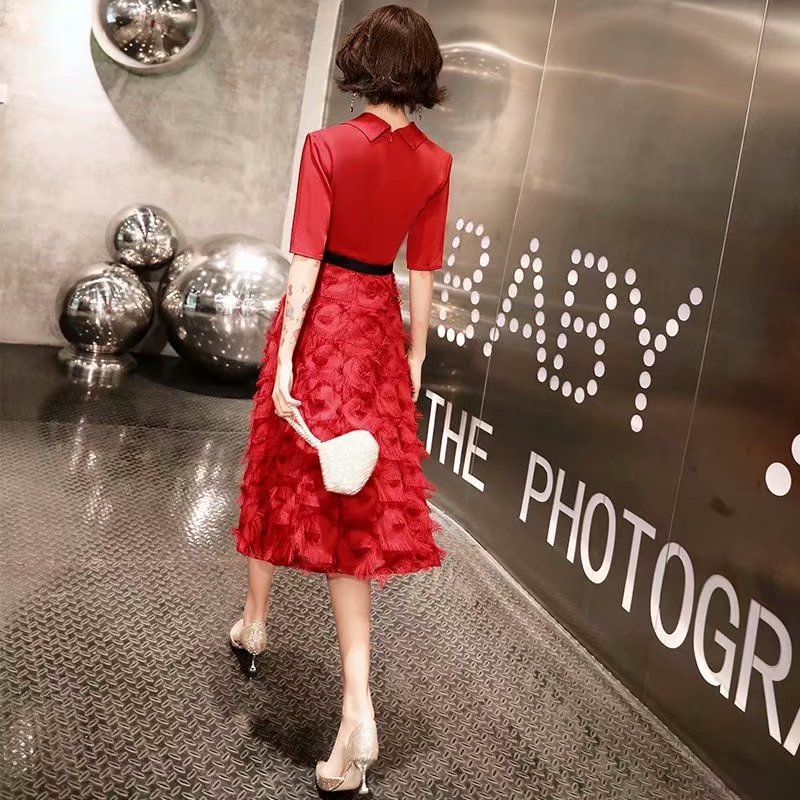 

2021 Robe Soiree New Stylev-neck Evening Dressed As Women Half Dress Party at Height Knee Lengtha Line ZQ55, Burgundy.