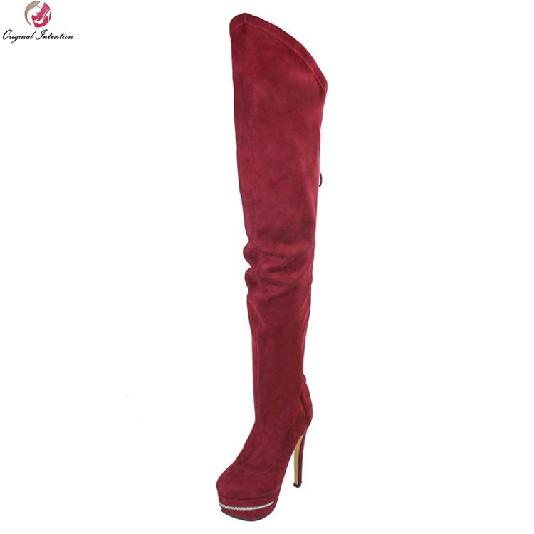 

Original Intention Sexy Women Over-the-Knee Boots Platform Round Toe Thin Heels Boots Fashion Wine Red Shoes Woman US Size 4-15, Ef0227 wine red