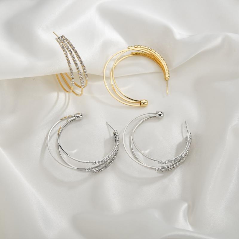 

MESTILO Trendy Gold Color Geometric Big Multiple Half Round RhinestoneLetter C Shape Hoop Earrings Classic Jewelry Girl Gifts