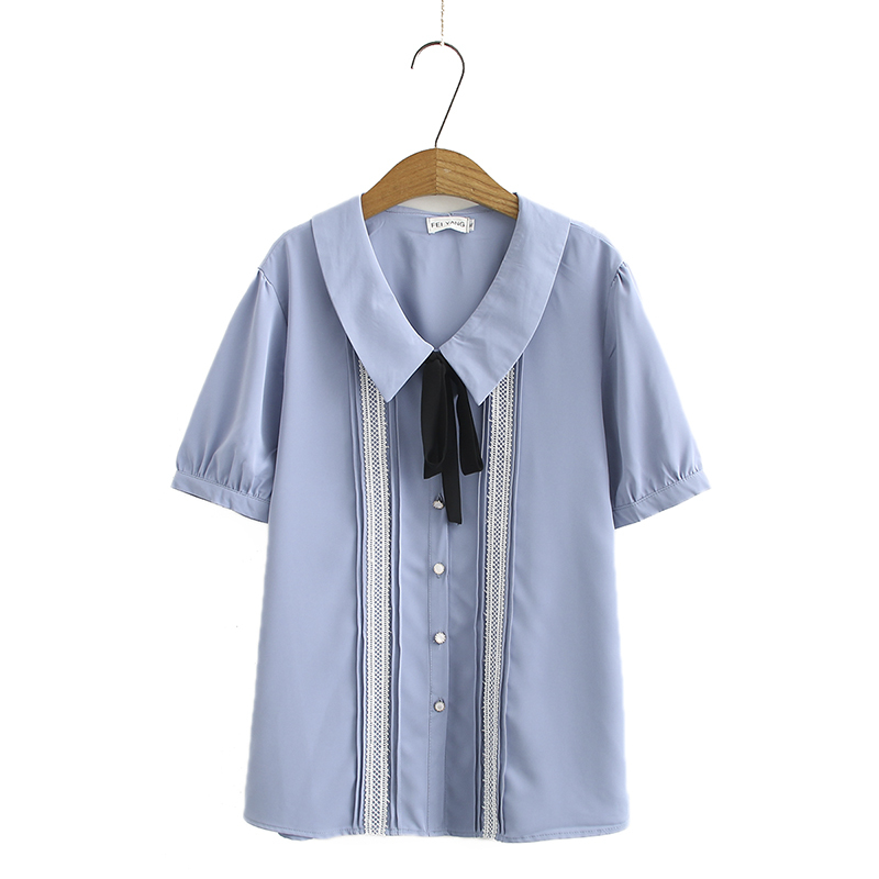

Turn-collar Size More White Solid Bow Chiffon Loose Women Tshirts 2020 New Casual Summer Soft Ladies t Women's Shirts Tops Mzyt, Blue