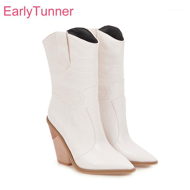 

Winter Brand New Sexy White Black Women Mid Calf Riding Boots Fashion High Heels Lady Shoes EH Plus Big Size 10 43 45 481