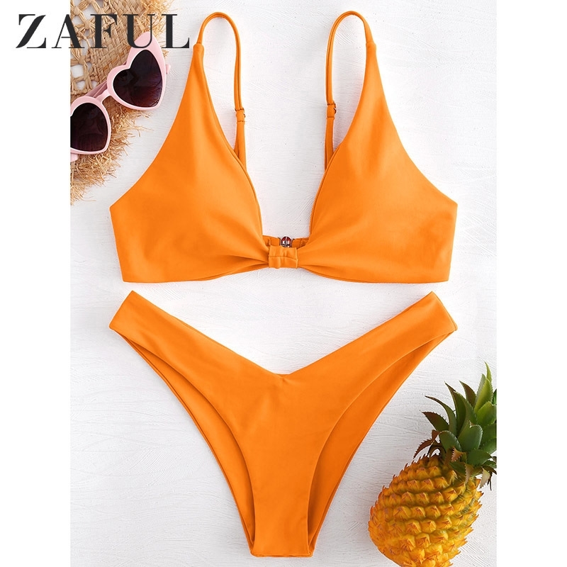

ZAFUL Knotted Bikini Low Rise Cami Swimwear Women High Cut Swimsuit Sexy Spaghetti Straps Low Waist Padded Bathing Suit Biquni Y200319, Bright yellow