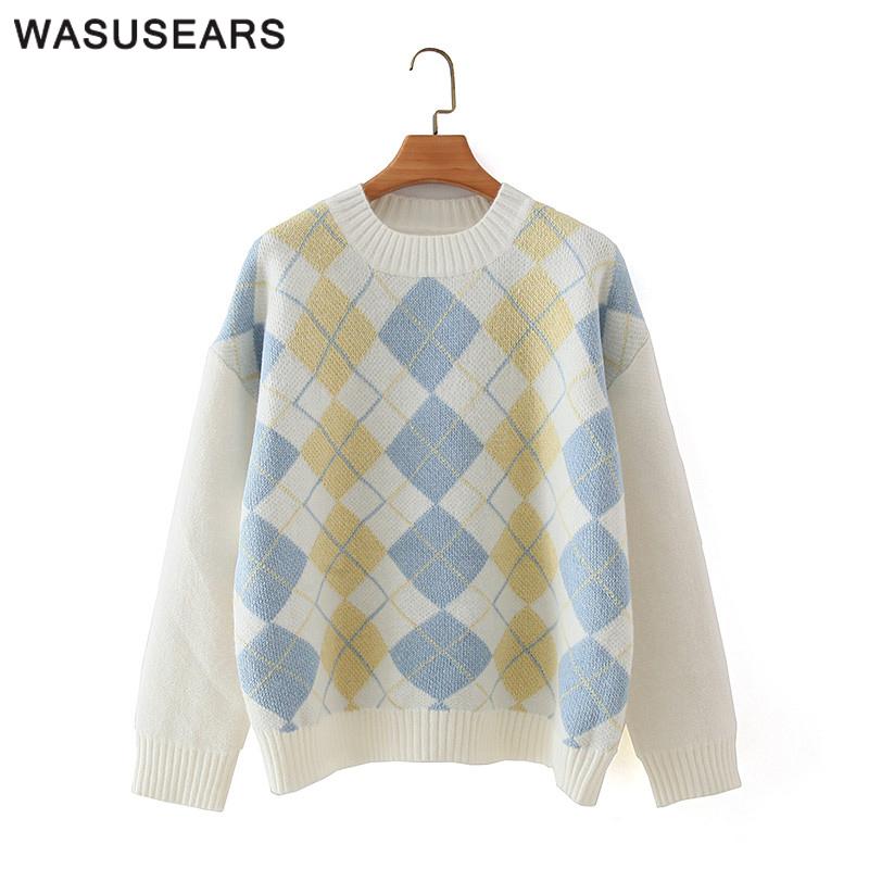 

Long Sleeve Knitted Sweater Women 2020 Spring Korean Sweater Women Vintage Argyle Pullover Elegant Thick Winter Female, White