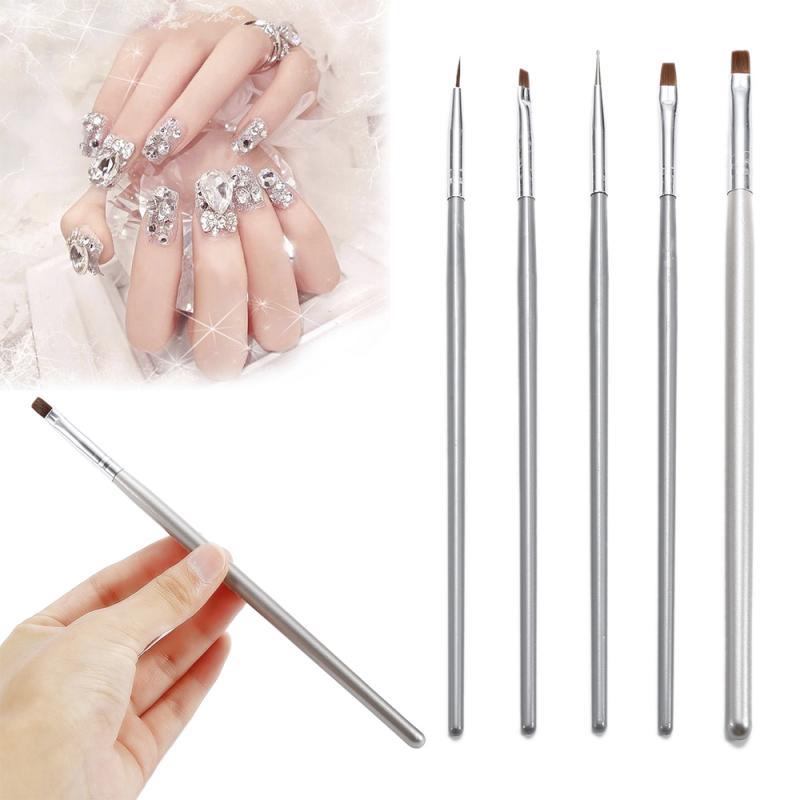 

5pcs/set Nail Pens Painting Silver Handle Brush UV Gel 3D Manicure Design Painting Art Brush Set For Salon Nail Art Portable