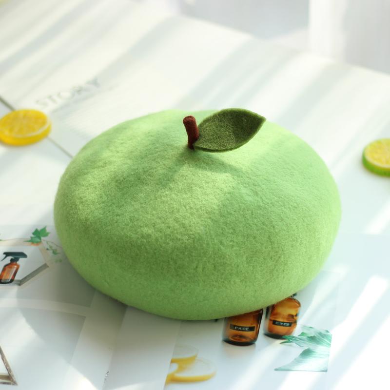 

Korean fruit pumpkin hat cute soft sister small leaf painter hat green woolen beret, Fruit green