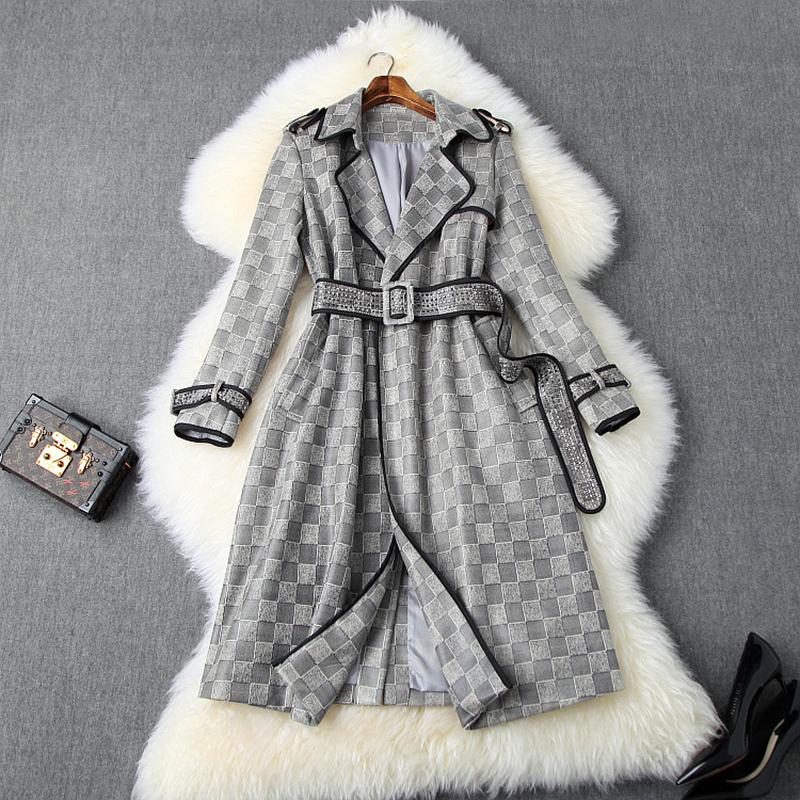 

Women autumn winter long trench coat new 2020 vintage fashion diamonds beading sashes slim plaid suede windbreaker gray
