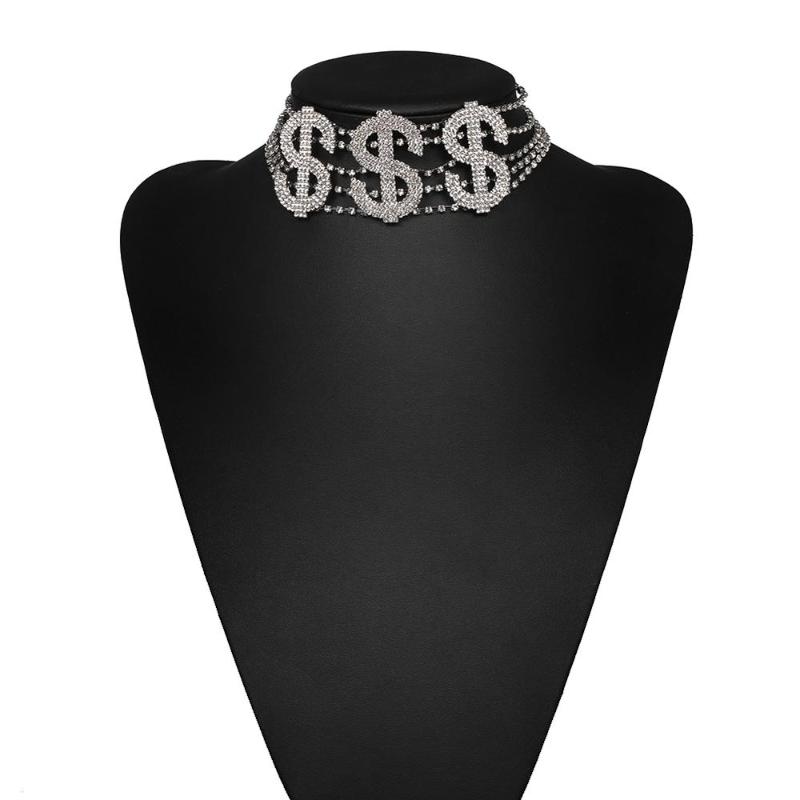 

Girlgo Big Money Dollar $ Crystal Chokers Necklace For Women Shinny Welding Links Necklace Full Rhinestone Collar Party Jewelry