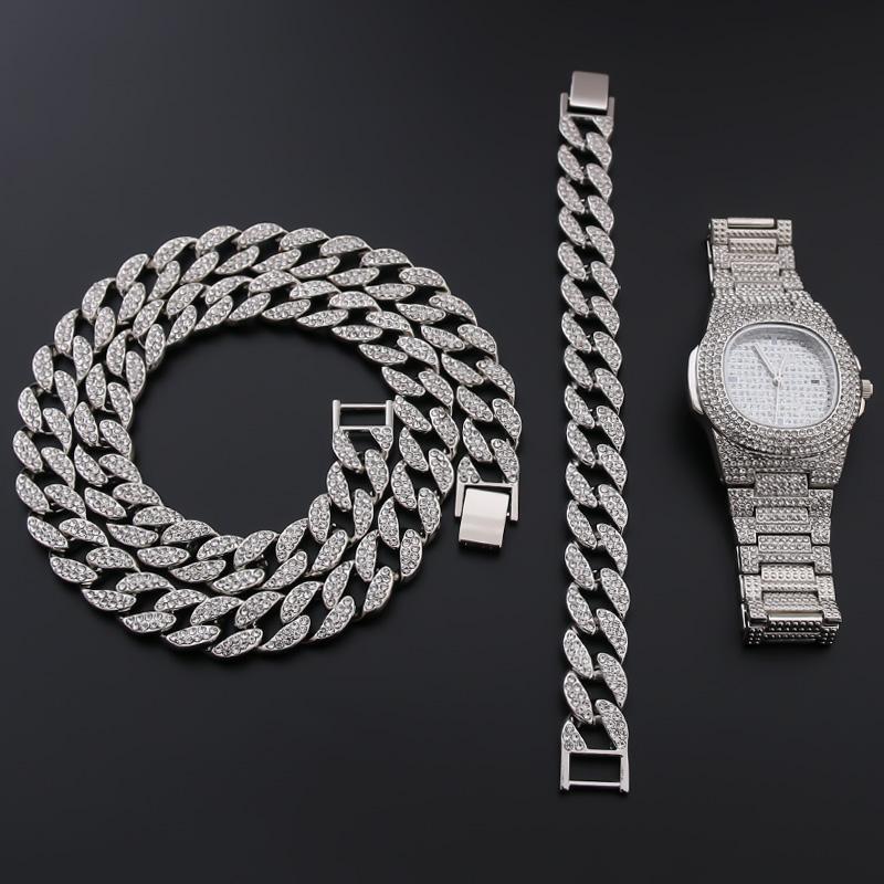 

Wristwatches Watch Necklace Bracelet Punk HipHop Miami Curb Cuban Chain Gold Iced Out Rhinestones Rapper For Men Women Jewelry Set Wholesale, Slivery;brown