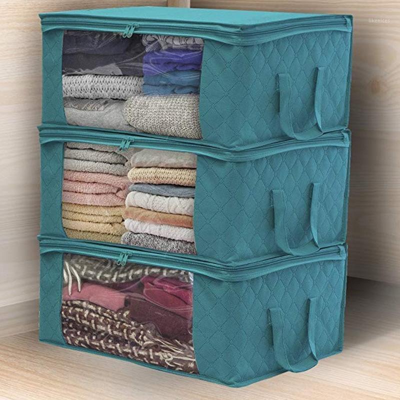 

1PCs Quilt Clothes Bag Non Woven Fabric Storage Box With Handles Folding Moisture-proof Sealed Storage Box Clear Organizer1