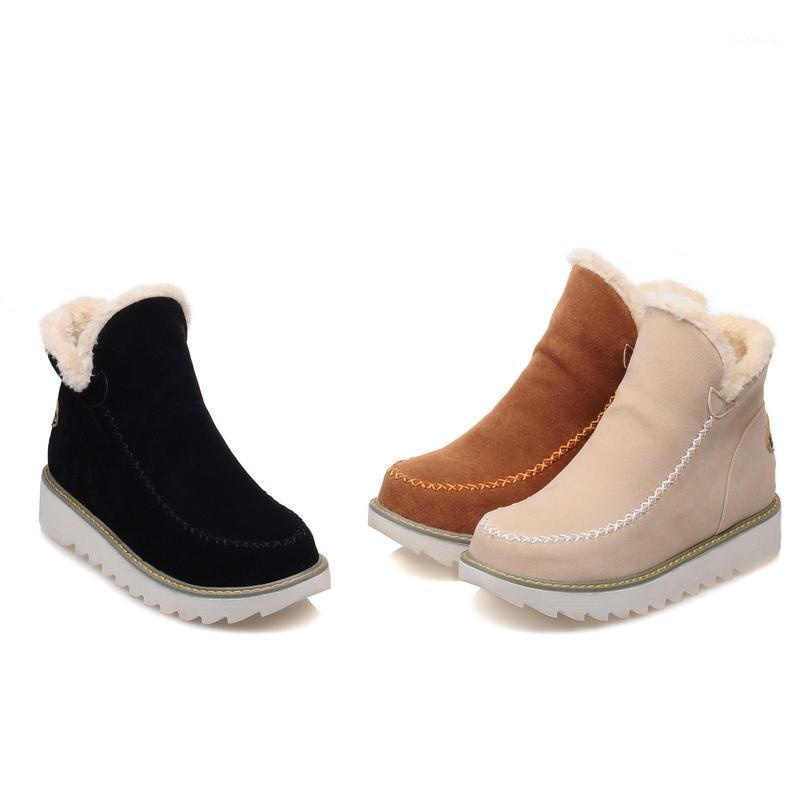 

PQECFS Big size 33-43 high quality winter fashion women solid slip-on ankle flat snow boots 3 colors1, Beige