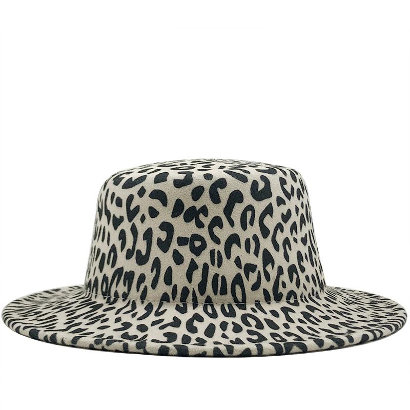 

Wide Brim Hats Leopard Print Flat Top Wool Fedora Felt Hat For Women Autumn Winter Boater Jazz Cap Black Band, Gray