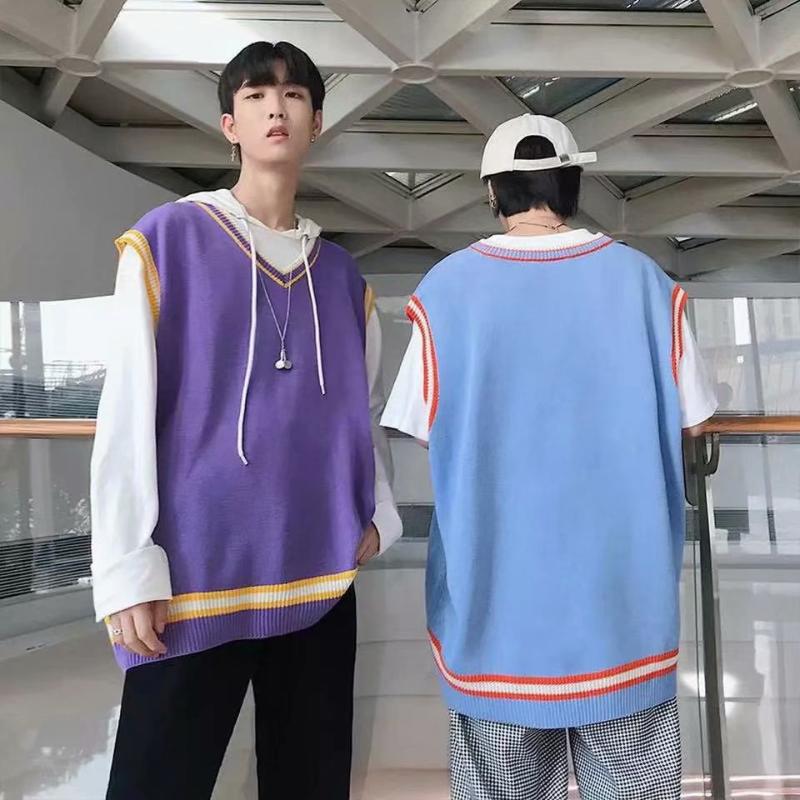 

Sweater Vest Men Printed Leisure Chic Couples V-neck Retro Mens Waistcoat Sleeveless Sweaters Ulzzang All-match Tops Outwear New, Blue