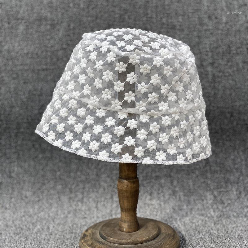

Korean Style Flower Embroidery Lace Sun Hat Spring Summer Flat Bucket Hat Fashion Ladies Hollow Out Lace Fedora Visor 20201, White
