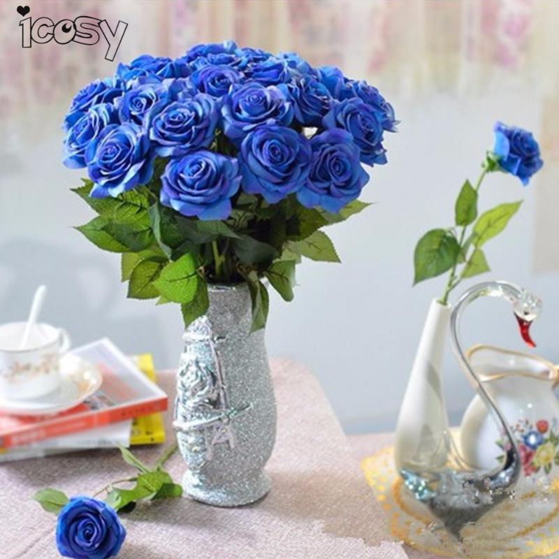 

Silk Flower Decorative Blue Rose Artificial Flower Real Touch Leaf Flowers for Wedding Home Party Decorations Drop Shipping