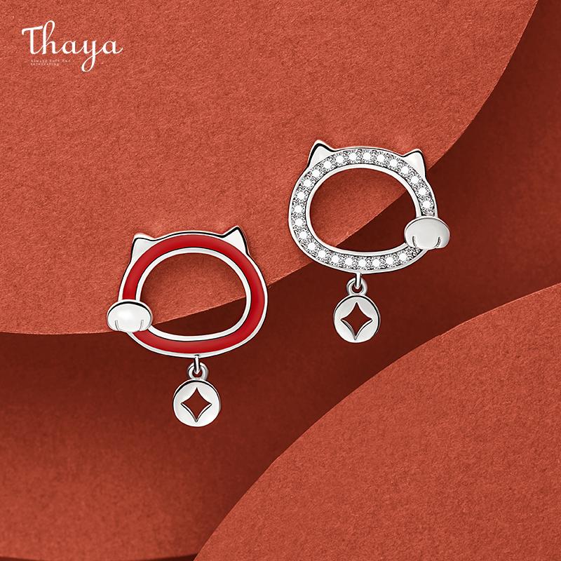 

Thaya Creative Design Red Enamel Lucky Cat Earring Inlay Cubic Zirconia Stud Charm For Women Fine Jewelry Christmas Gift