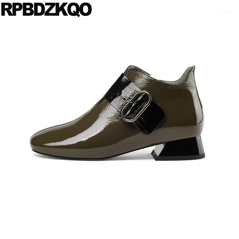 

chunky brand women winter boots genuine leather booties shoes 10 faux fur 2020 big size short plus patent vintage square toe new1, Black