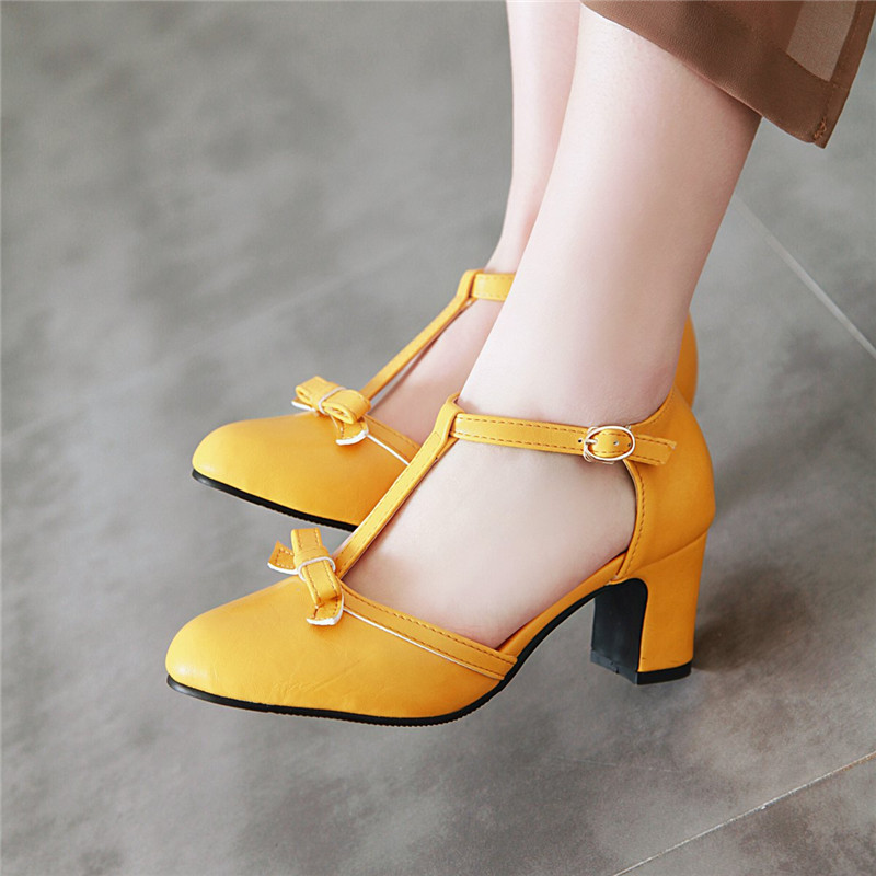 

YMECHIC 2019 Fashion Lolita Block High Heel Pumps Women Shoes Yellow Blue Cute Bowtie Party Dress Heels Shoes Woman Plus Size 43, Black
