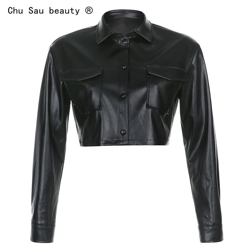 

Street Women Vintage Locomotive Black Short Crop JacketS 2020 Autumn Winter New PU Leather Collar Punk Tops Overcoats