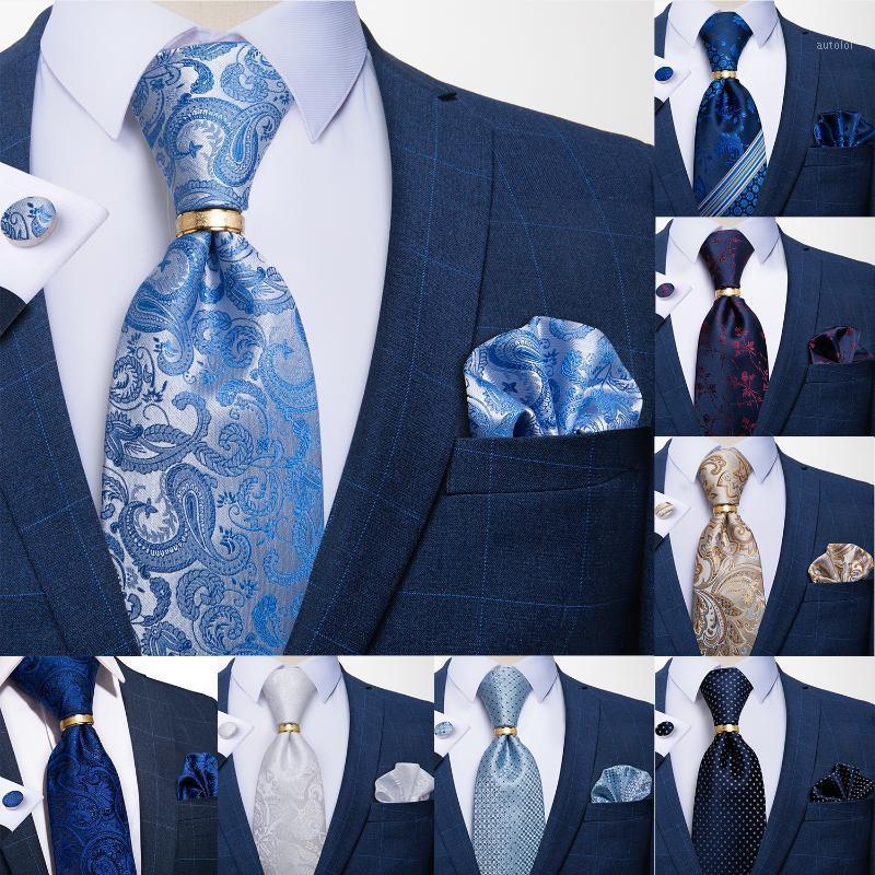 

DiBanGu Designer Men`s Tie 100% Silk Blue Floral Paisley Wedding Formal Business Jacquard Woven Necktie Hanky Cufflinks Ring Set1