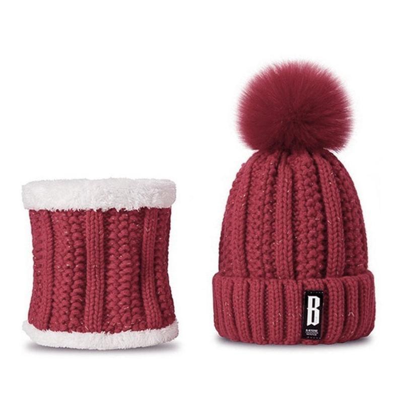 

Winter Women's Scarf Mask Hat Three Set Girl's Caps Fake Ball Pompon Keep Warm With Velvet Thick Wool Knitted