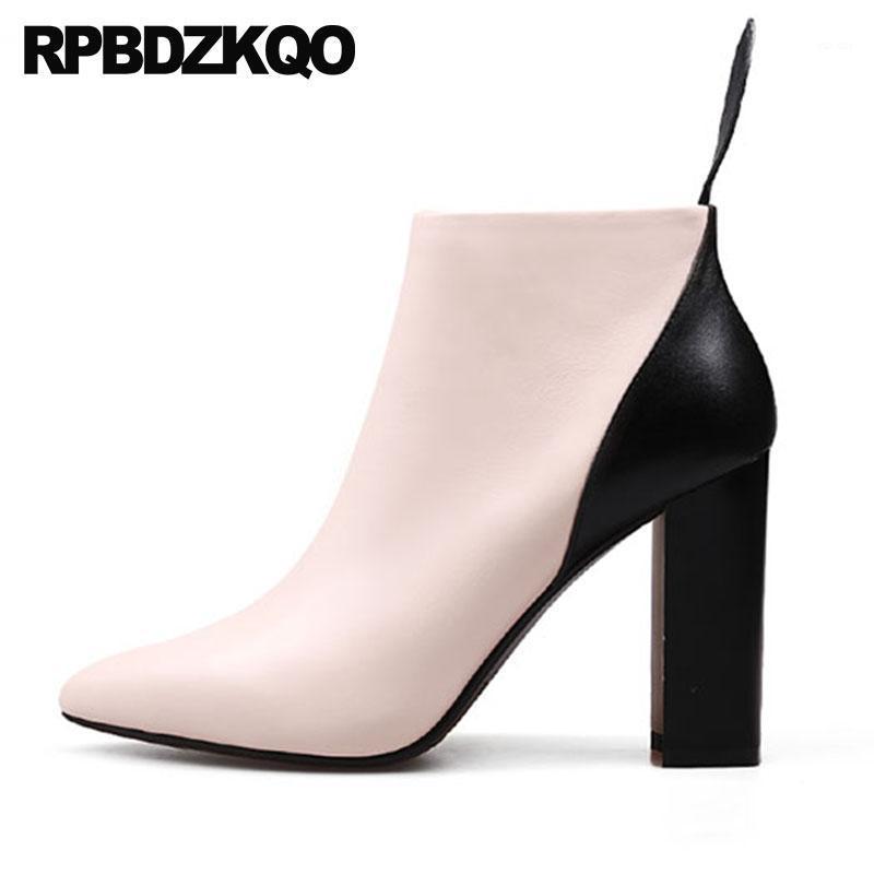 

Patchwork Chunky Booties Genuine Leather Shoes Short Women Side Zip Boots 2020 Autumn Fall Pointed Toe High Heel1, Black