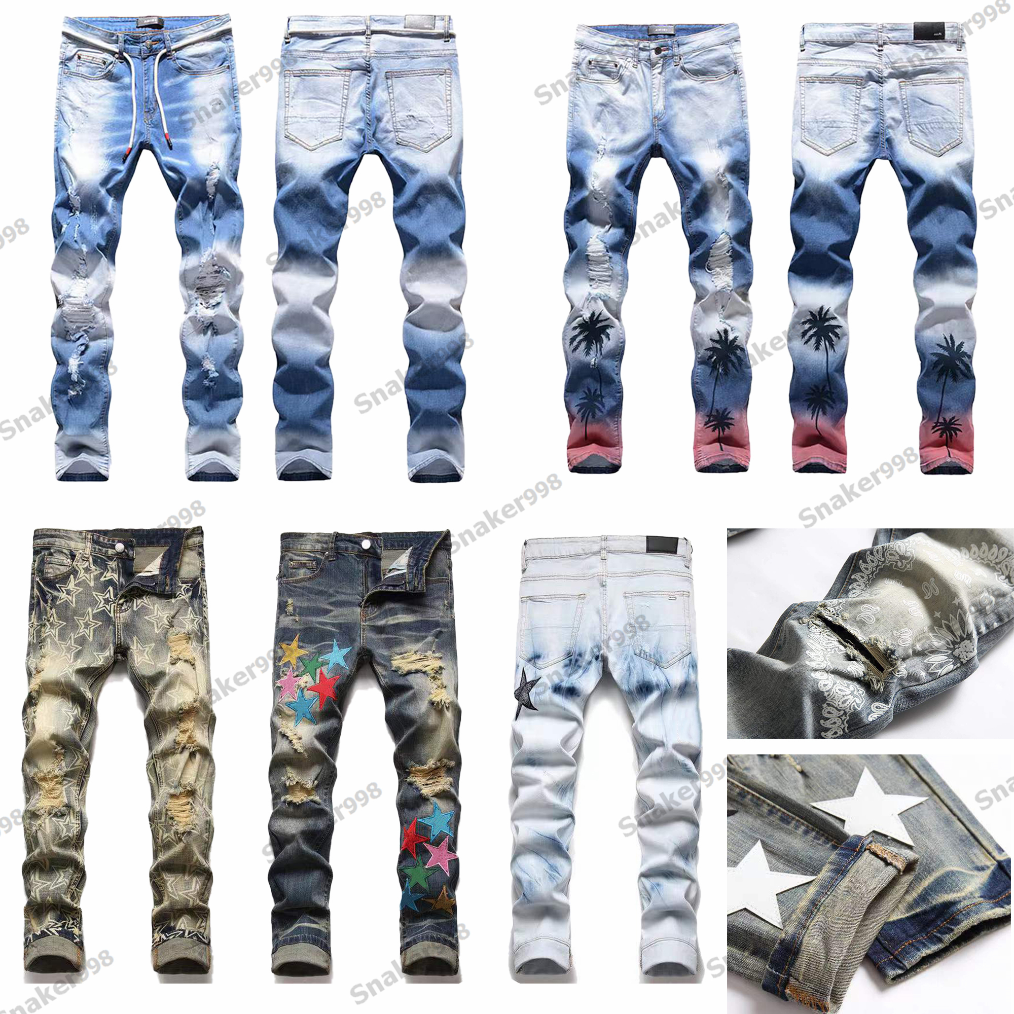 

Men Europe America Jeans Vintage Print Jeans Blue Black Designer Mans Slim Denim Straight Biker Skinny Pant Mens Ripped Streets Trousers, Extra shipping fee